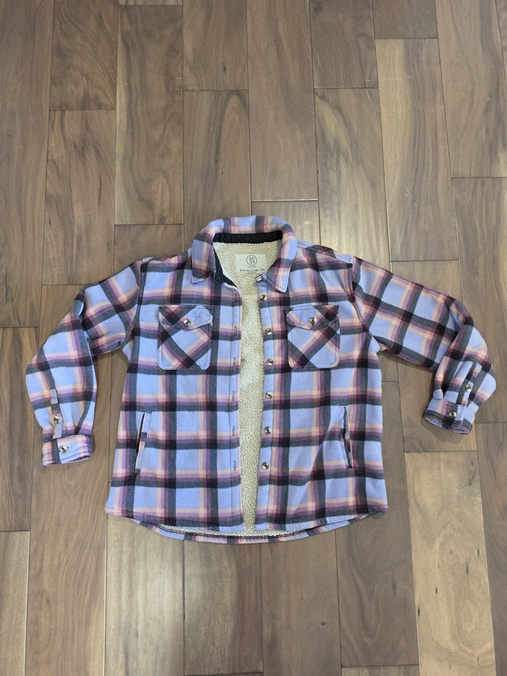 Sage Collective Women’s Size Large Sherpa Flannel | Purple Plaid | Faux Fur Line
